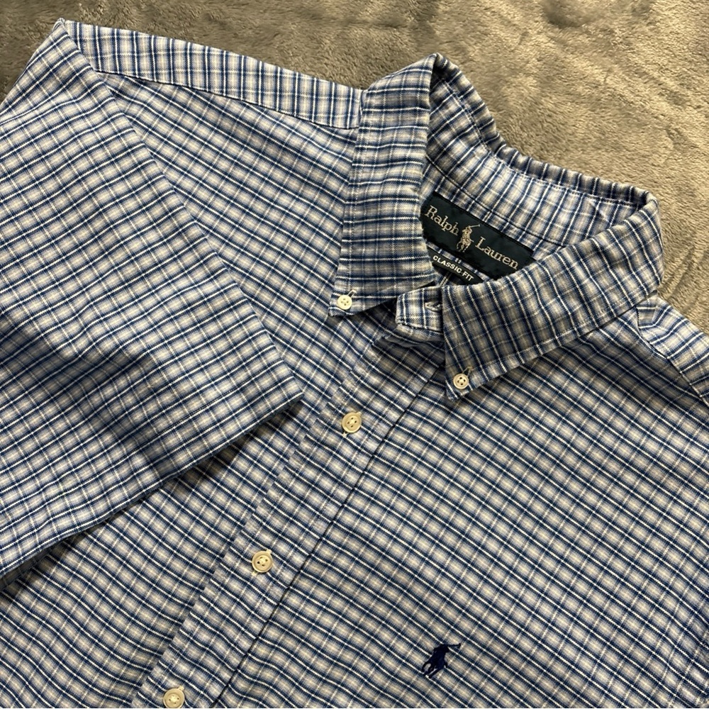 Ralph Lauren Classic Fit Gingham Short Sleeve‎ Button Down Shirt XL Blue White